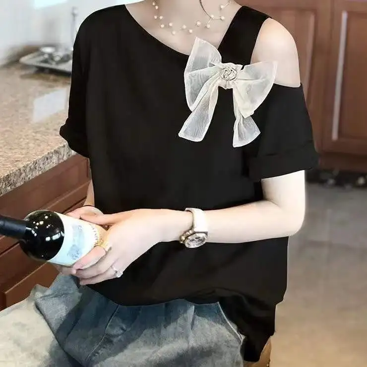 Women Summer Simplicity Loose Large Size Appear Thin Bow Off Shoulder Slash Neck Short Sleeve T-Shirt Ladies Casual Trend Tops