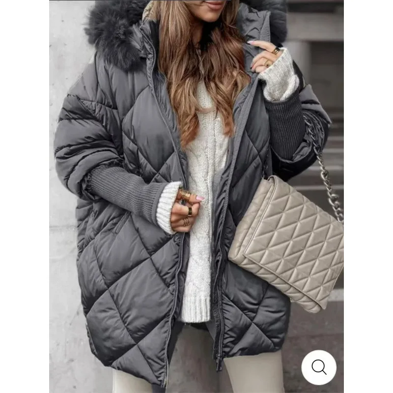

Winter New Fashionable Knitted Cuff Splicing Warm Cotton Jacket Women's Solid Color Wool Collar with Hat Long Cotton Jacket
