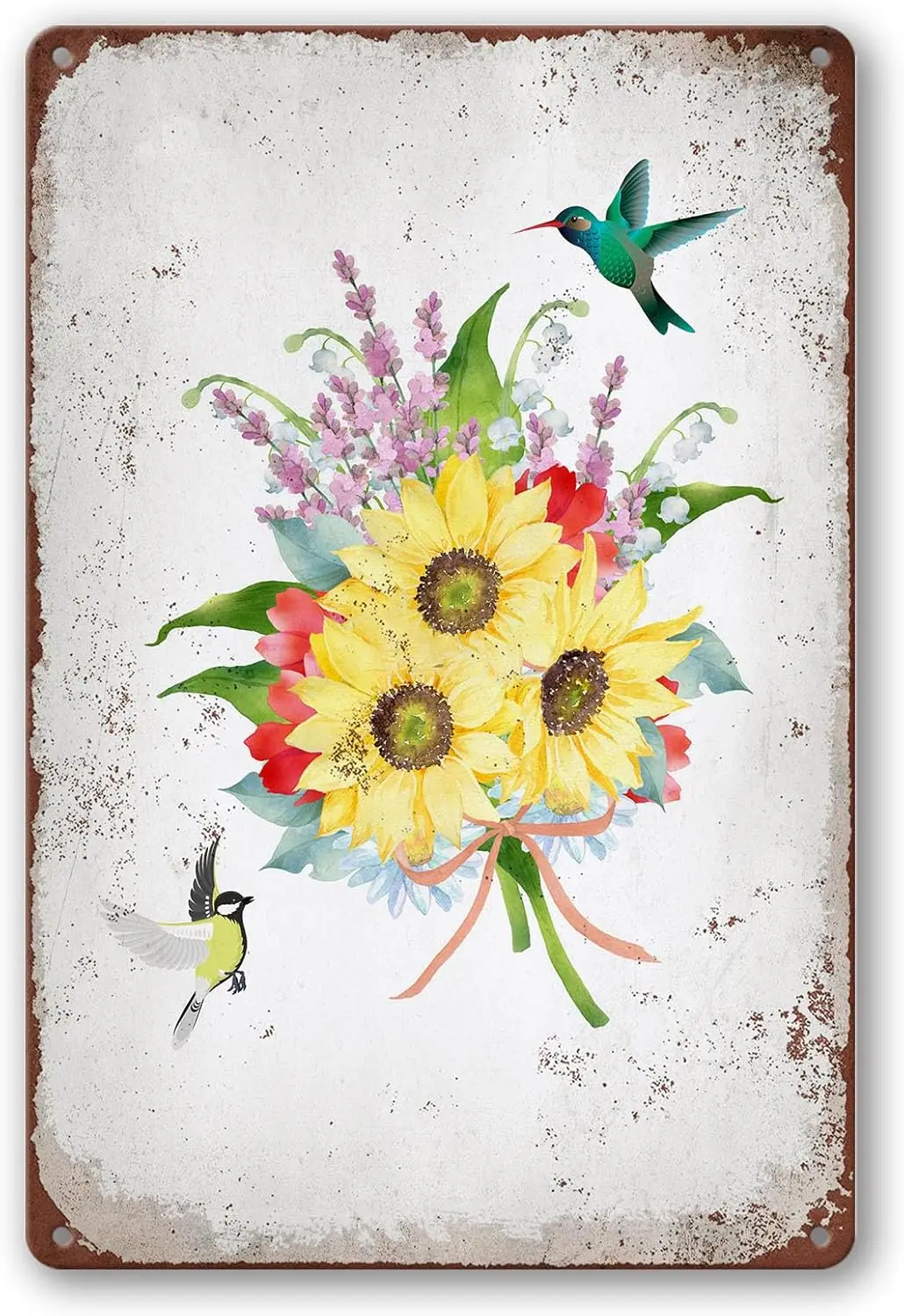 1p,LZHQMI Metal Signs - Wildflower & Sunflower Wall Art, Hummingbird & Rusted Wild Flowers, Floral Tin Sign, Vintage Flo