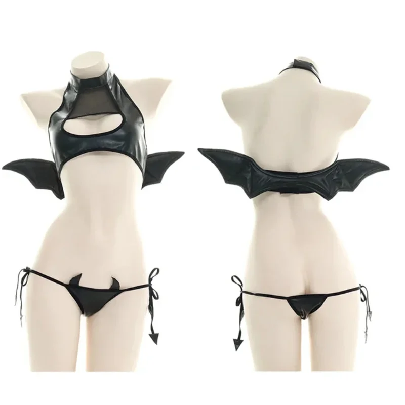 Japanese Womens Devil Cosplay Costumes Sexy Hollow Out Tank with Wings Punk Lolita Anime Bikini Set Wholesale E