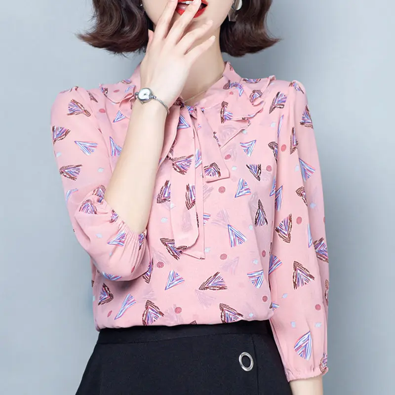 

Office Lady All-match Fashion Geometry Printed Blouse New Summer Women's Clothing Elegant Scarf Collar Chiffon Shirt Pullovers