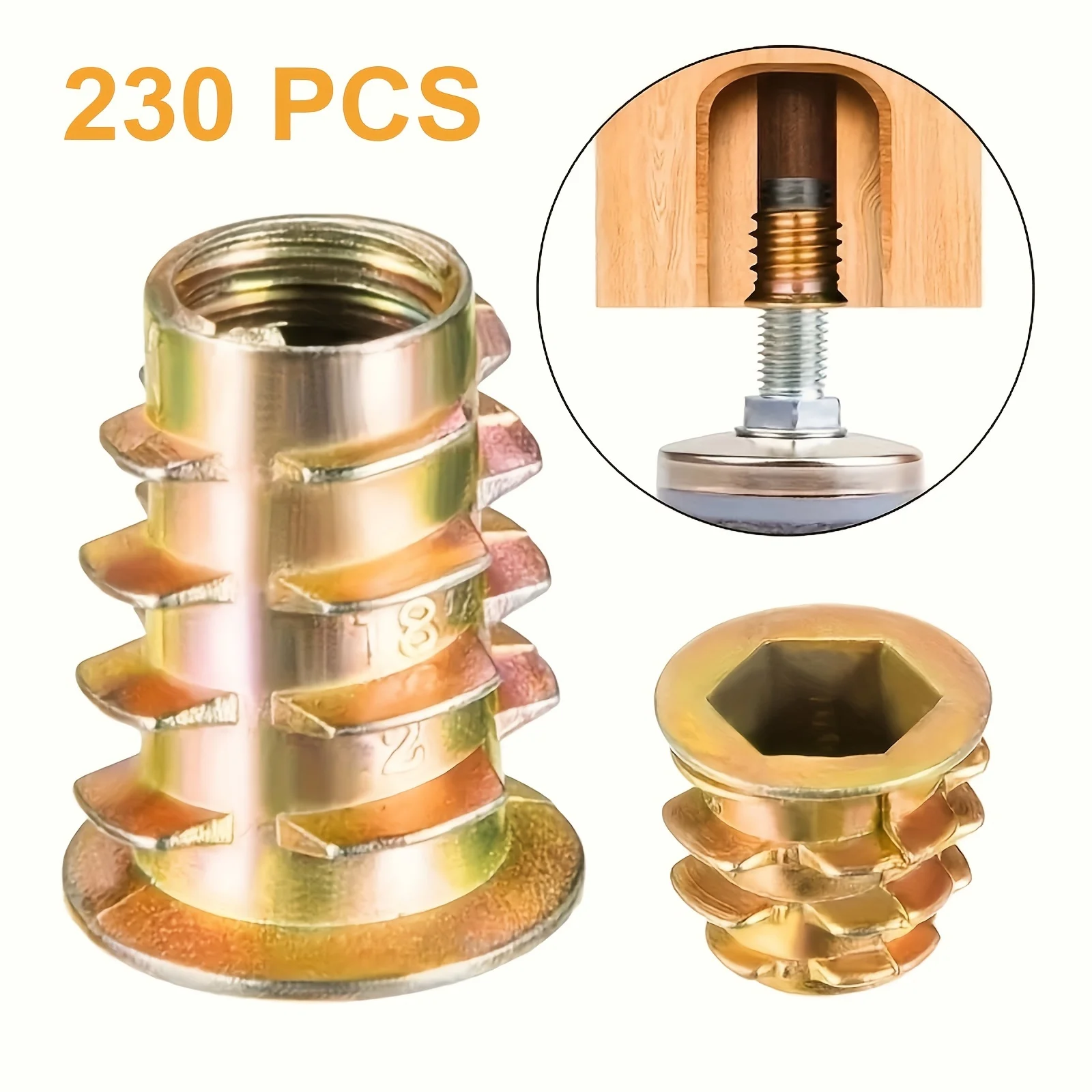 230 Pcs Hexagonal Threaded Inserts for Wood Furniture, Bolt Fastener Joints, M4 To M10 Internal Thread and External Thread.