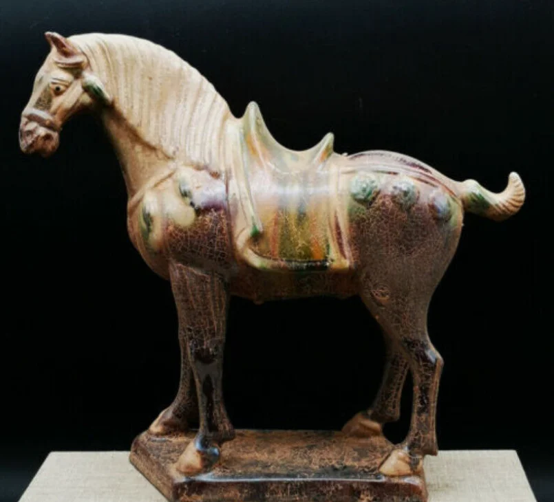 

8.3" Collect Chinese Ceramics Tang Sancai Pottery Zodiac Animal War-horse Statue