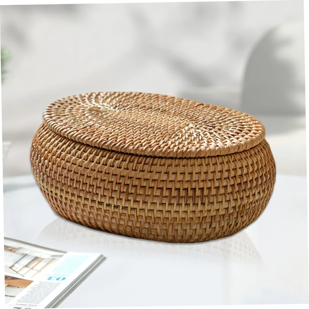 Корзины для хранения из ротанговой коробки с крышкой, корзина из ротанга, круглая плетеная корзина ручной работы, настольная декоративная коробка для дома, офиса