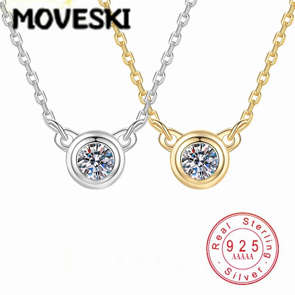 

S925 Sterling Silver Moissanite Bezel Set Pendant Necklace for Women, Gold Plated Solitaire Design, Fine Jewelry Gift