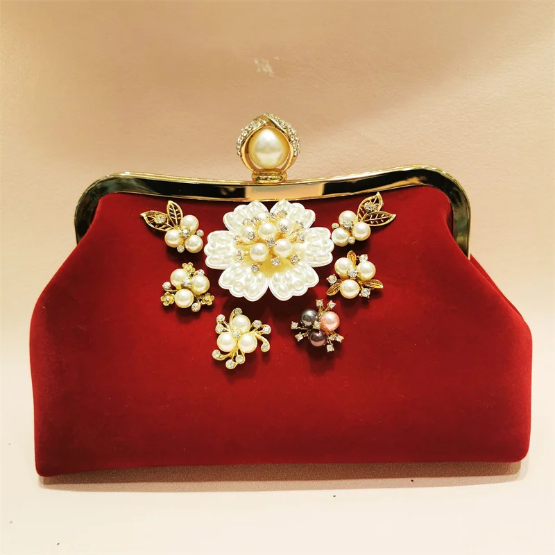 

Винтажная бархатная вечерняя сумочка в китайском ретро-стиле с жемчужными аппликациями и бисером для свадеб, вечеринок и торжественных мероприятий