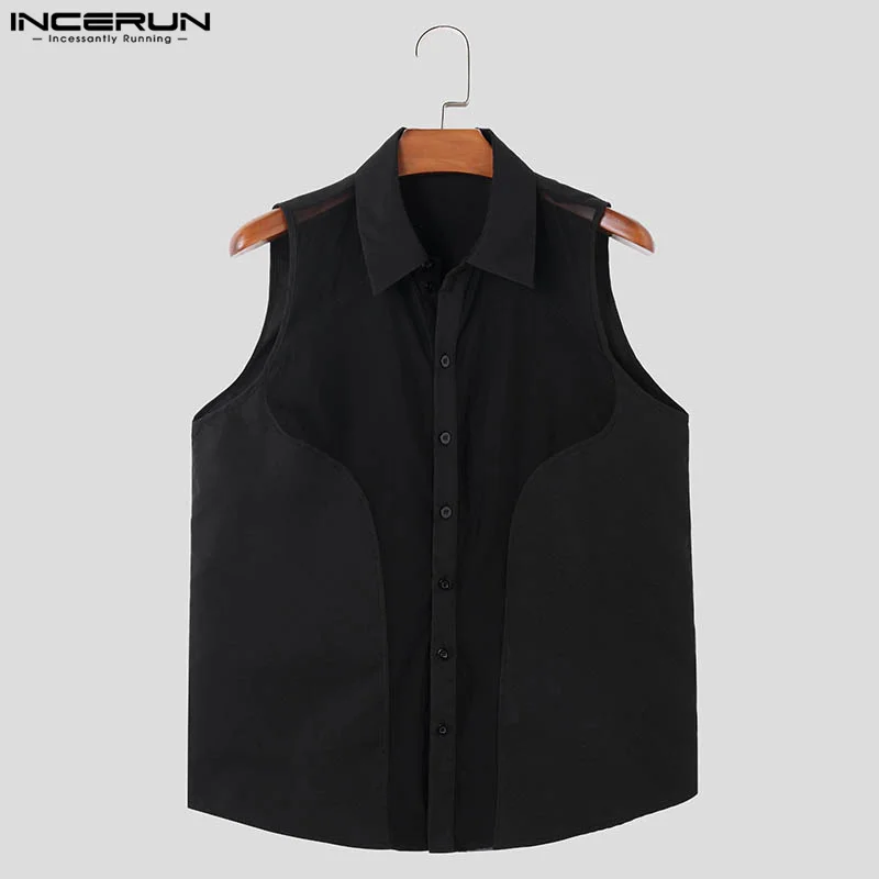 Sexy Fashion Style Tops INCERUN 2024 New Men's Perspective Mesh Splicing Shirt Casual Clubwear Male Thin Sleeveless Blouse S-5XL