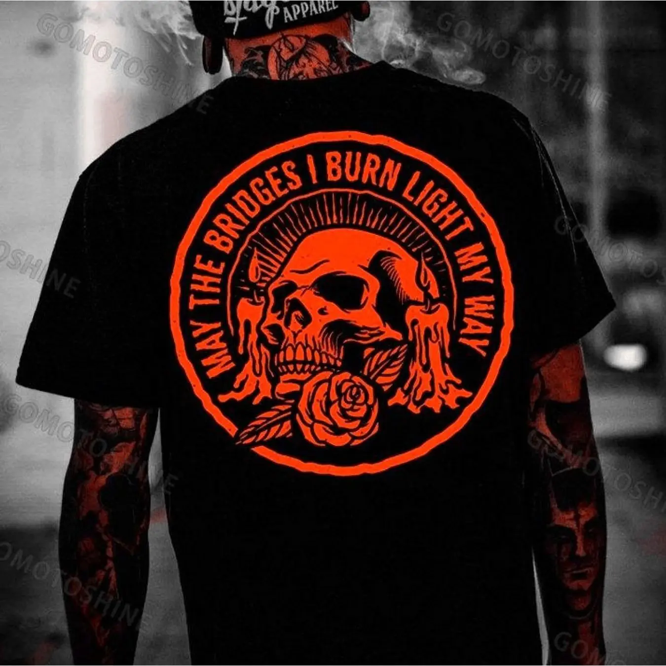 May The Bridges I Burn Light My Way Graphic T-Shirt Urban Style Vintage Flame Skull and Rose Print Short Sleeve