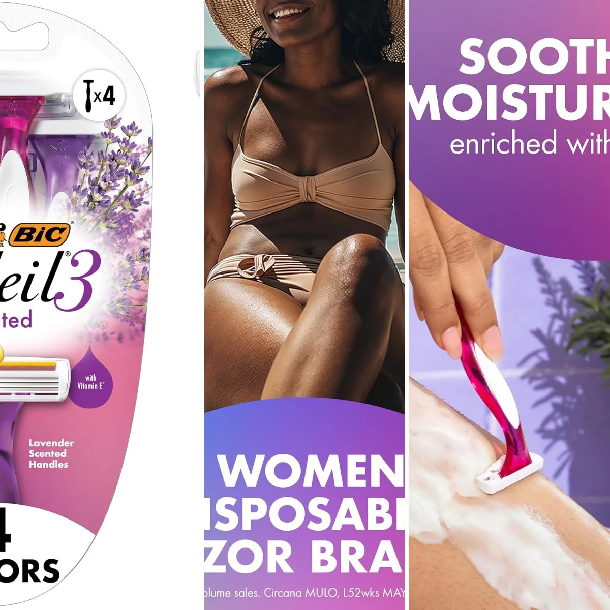 Soleil 3 Scented Women's Disposable 3-Blade Razors, Moisture Strip with Vitamin E and Lavender Scented Handles, 4-Pack