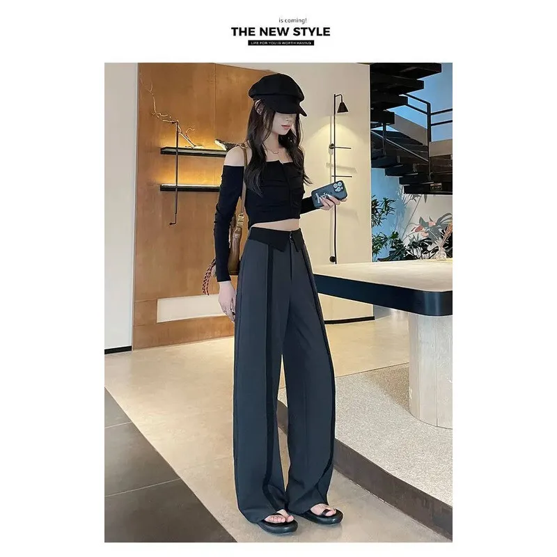 بدلة راقية للنساء في ربيع الخريف نمط جديد من السراويل الصغيرة عالية النحيفة وفضفاضة وثنيات واسعة الساق #5