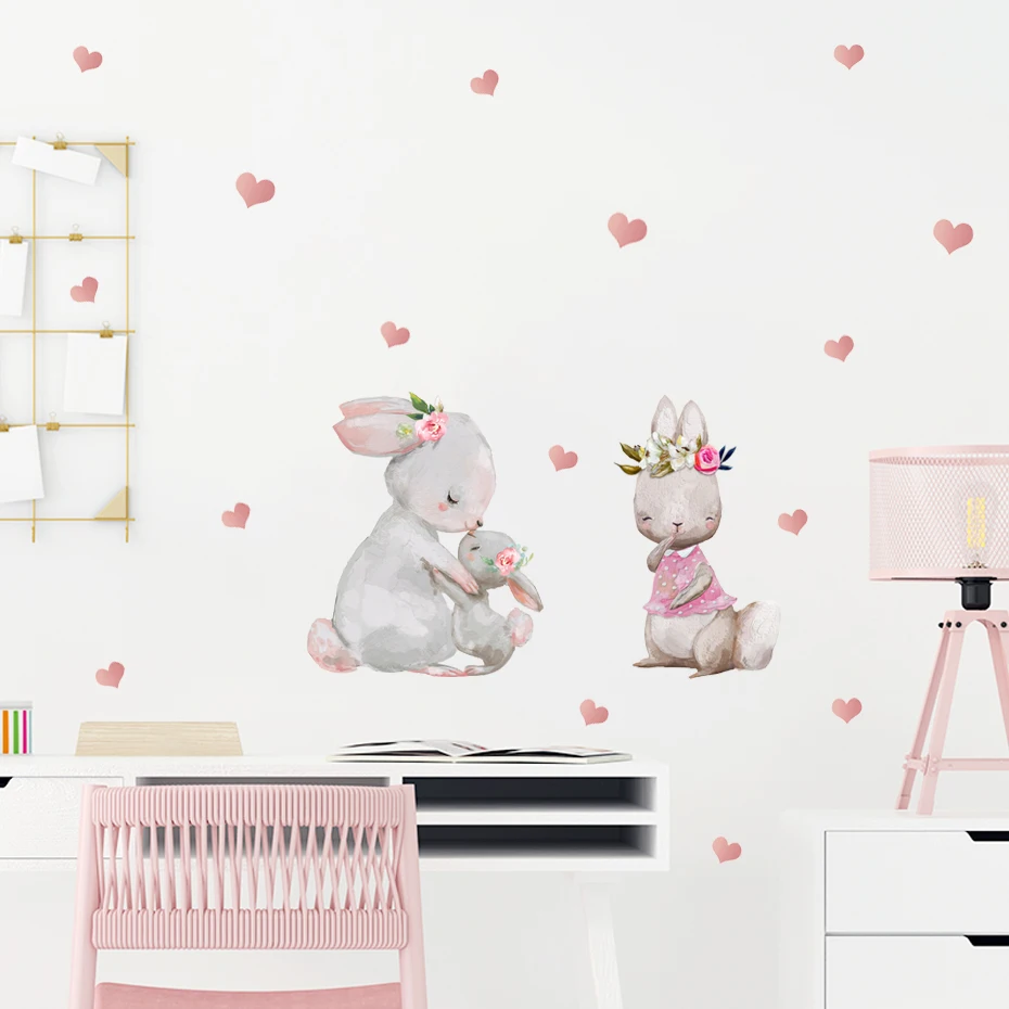 Cute Mum Baby Bunny Heart Pink Nursery Wall Stickers Removable DIY Peel and Stick Vinyl Wall Decals Girl Room Home Decoration