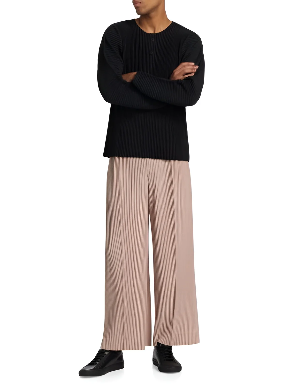 Miyake Herren-T-Shirt mit Falten, langärmelig, Henley-Ausschnitt, lässig, lockere Passform