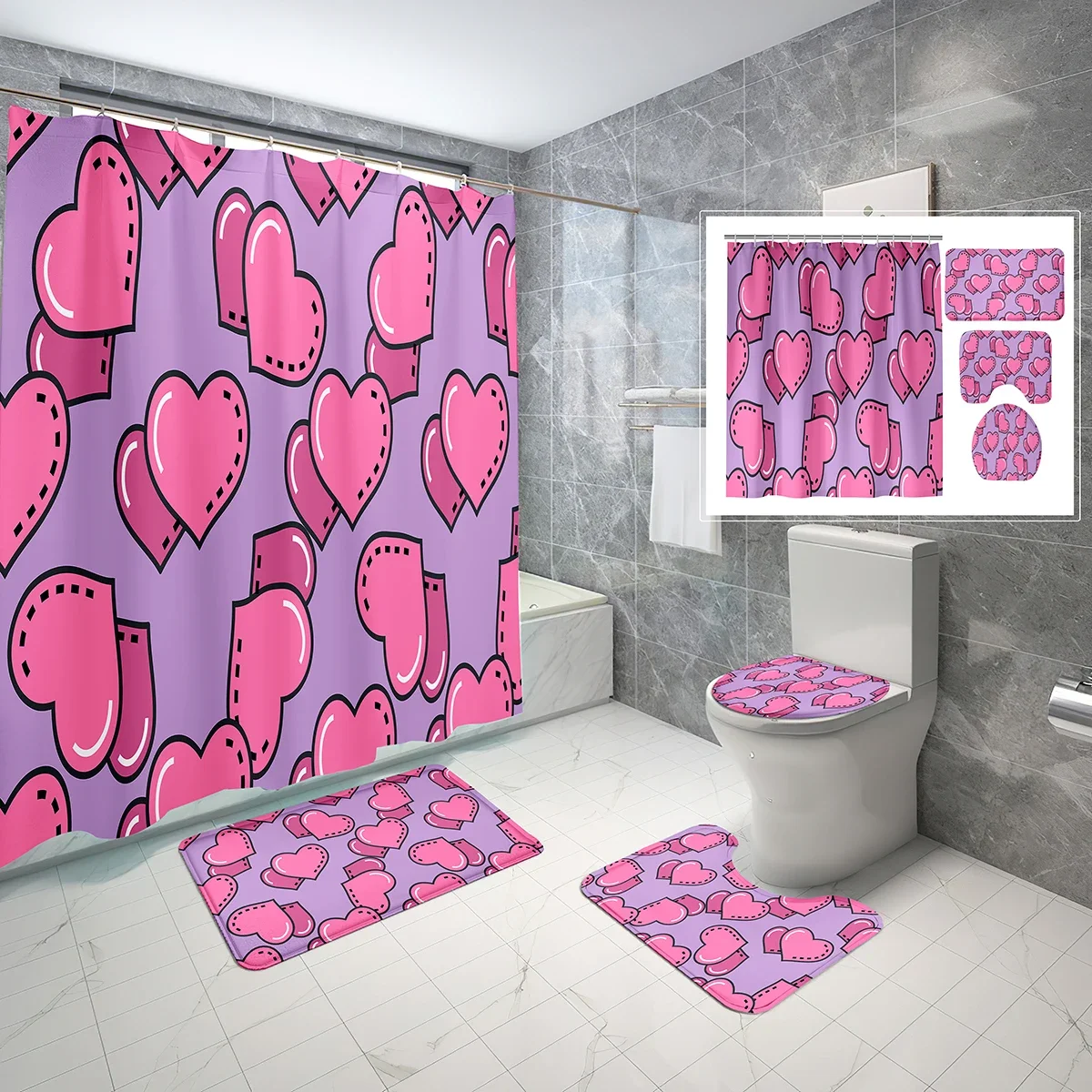 Pink Heart Shower Curtain Sets 4 Pcs with Non-Slip Rugs Mat Toilet Lid Cartoon Style Love Hearts Waterproof Shower Curtain Set