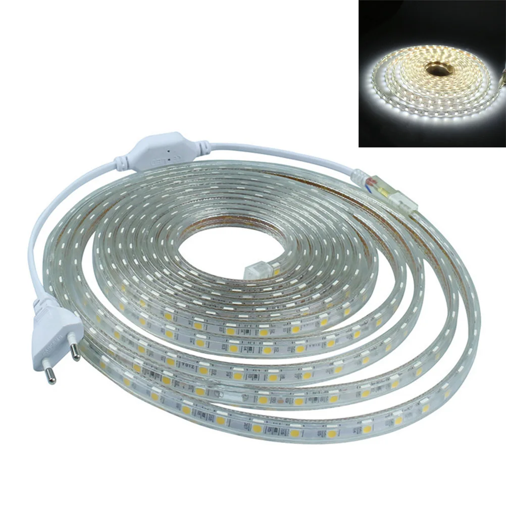 

Led Strip Rope Light Waterproof 5050 220-240V Eu Plug Pure White Bright Low Power Consumption Easy Install Home Garden Street