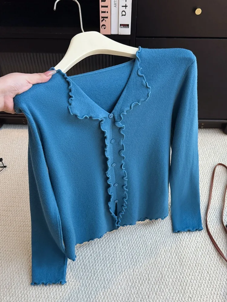 Ladies Knitted Short Fit Slim Long Sleeve V-Neck Open Cardigan Soft Stretchy Single Button Thin Outerwear Top