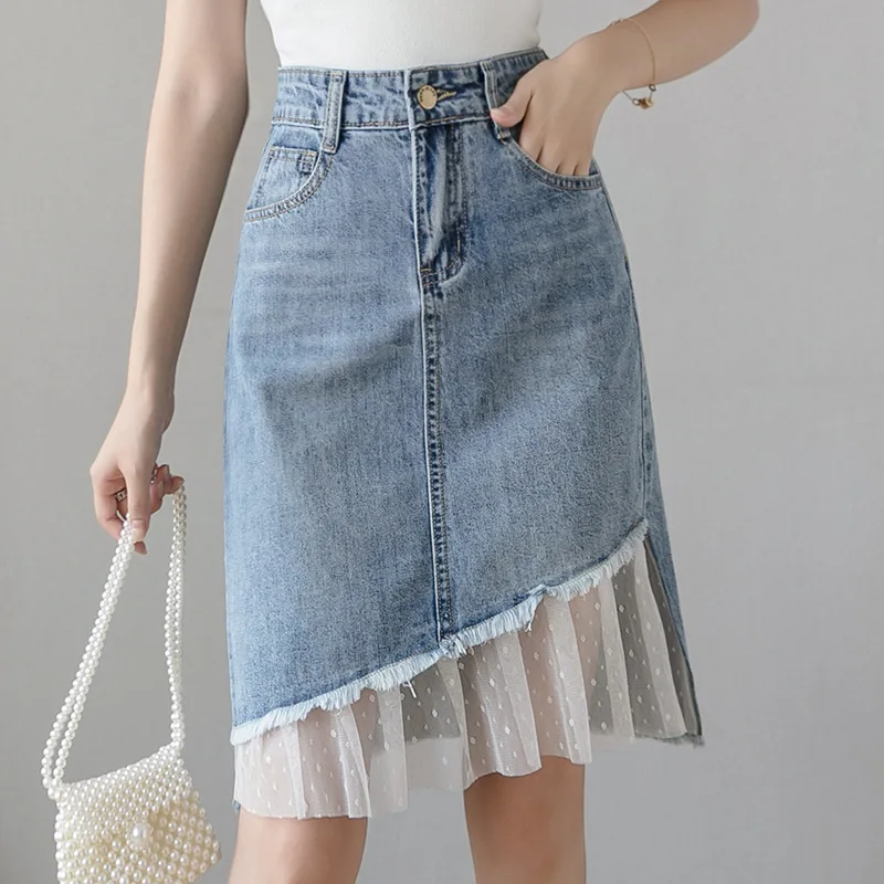 2026 New Medium and Long Lace Splicing High Waist and Thin A-shaped Skirt Denim Skirt Women