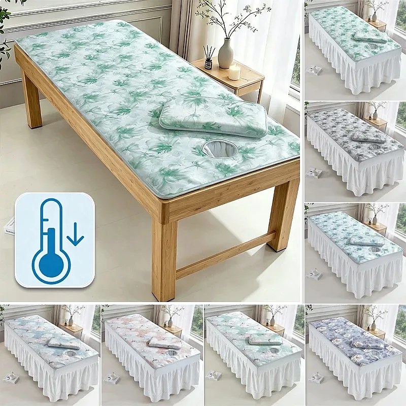 Professional Ice Silk Beauty Bed Mat Breathable Cooling Anti‑Slip Massage Table Pad with Pillow Towel Built‑in Face Hole 180cm