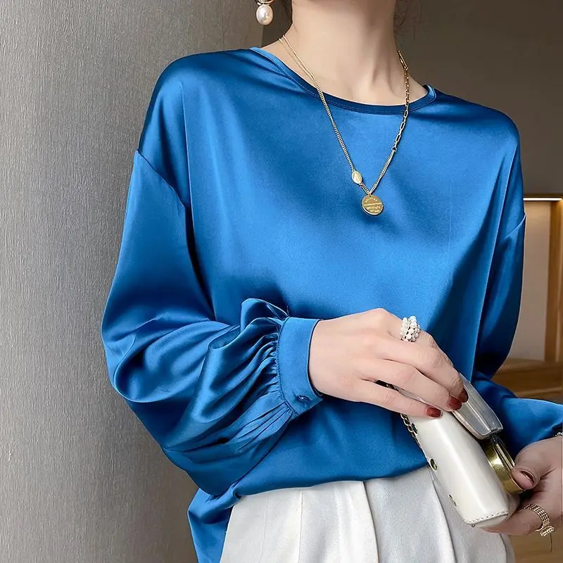 2024 Spring Loose Women\'s Shirt Solid Color Office Lady Tops O-Neck Long Sleeve T-Shirt Satin Silk Lantern Cuffs Women Clothing