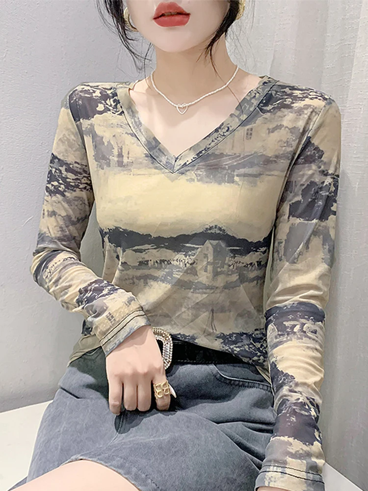 Spring New Sle Women's Long Sve T-irt V-Ne adient Color Me Base irt Sexy Slim Fit Elastic Korean Version Top