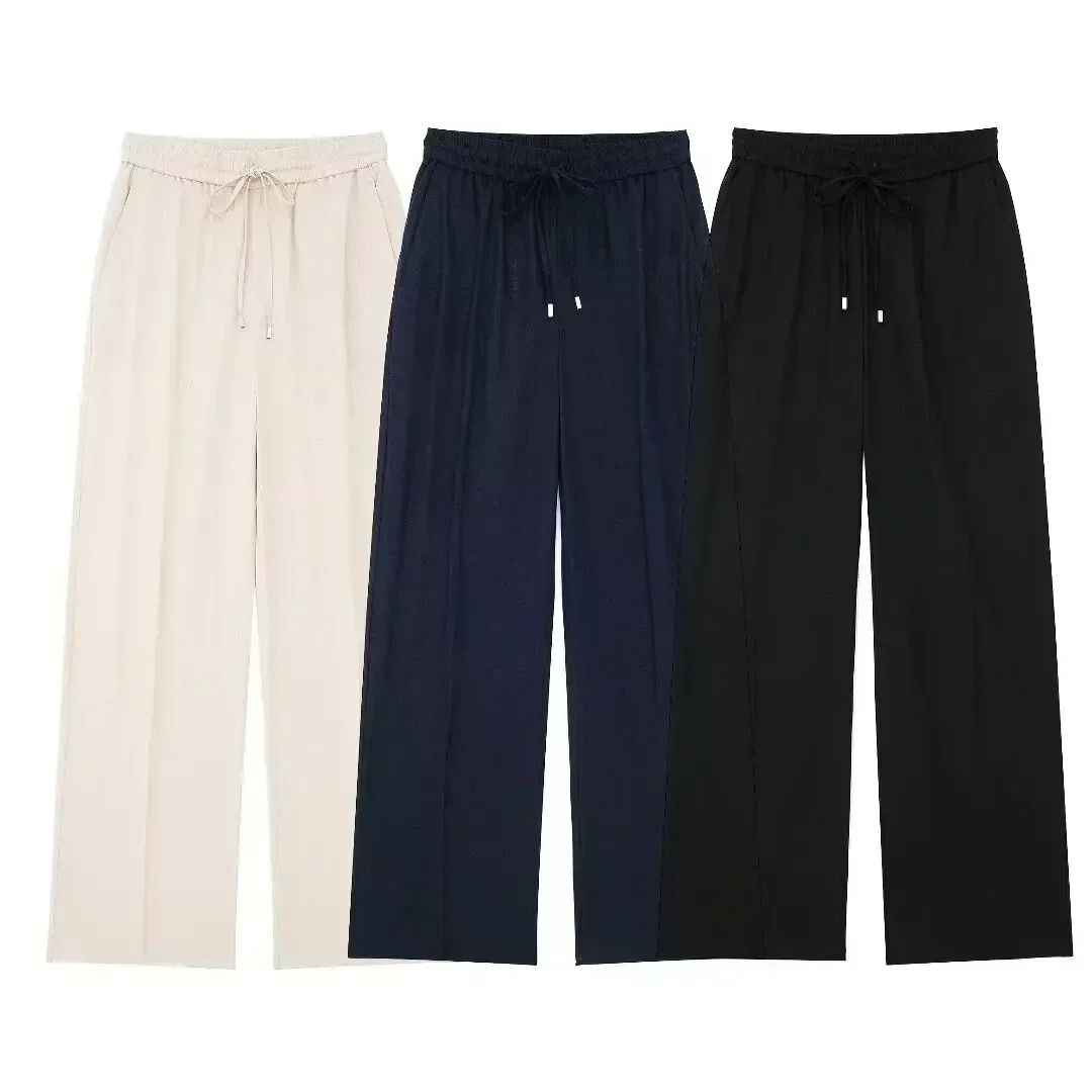 

Women's new Chic Fashion loose linen blend casual pleated Straight pants retro elastic waist drawstring women's pants