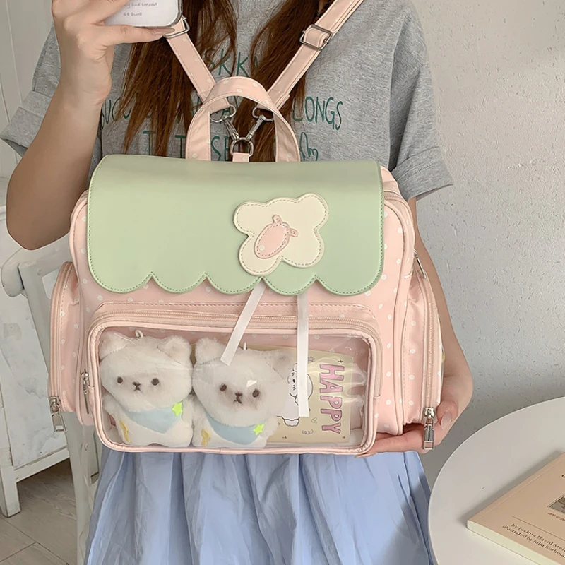 Sweet Pink Green Color-blocked Strawberry Ita Bag Large Capacity Polka Dot Shoulder Tote Bag College Style Multi-pocket Backpack