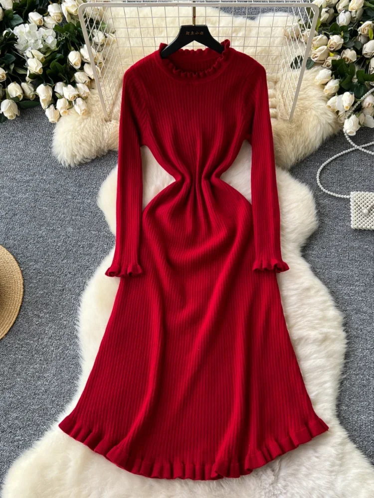 

Women Elegant Harajuku Street Style Dress Winter New Ear Edge Round Neck High Waist Slim A-line Midi Sweater Dress for Women