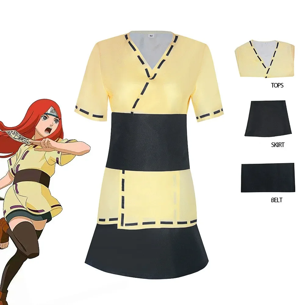 Anime Uzumaki Kushina Cosplay Costume Yellow Short Sleeve Tops Battle Uniform Red Wig Woman Sexy Carnival Halloween Suit