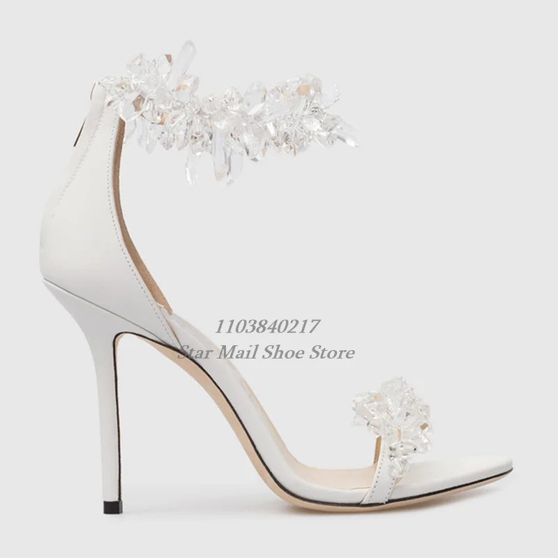 Open Round Toe Clear Crystal One Strap Sandals Crystal-Cluster polsino alla caviglia e cinturino abbellimento chiusura con Zip posteriore tacchi a
