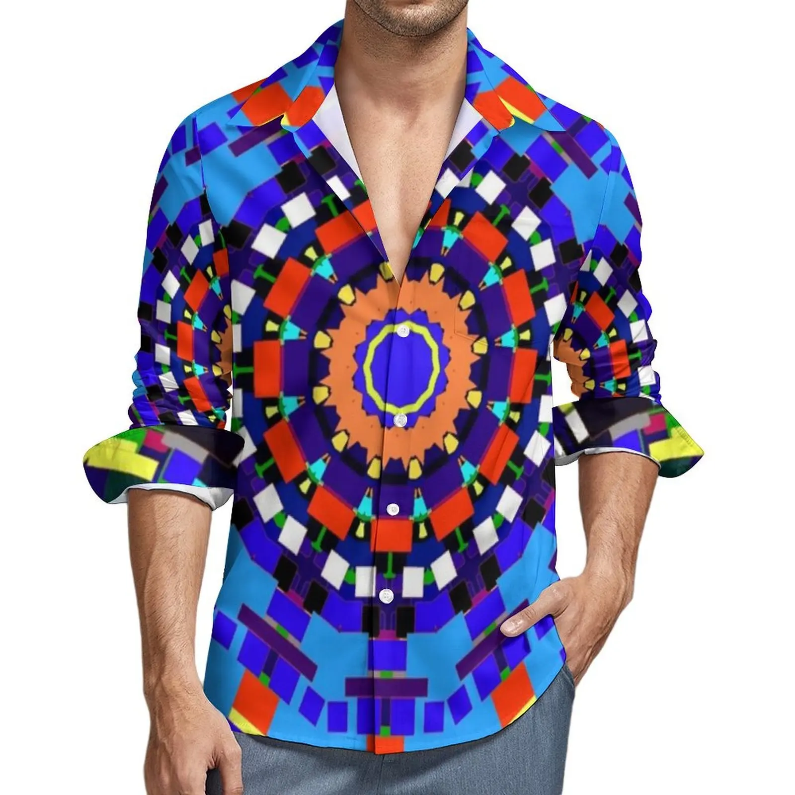 

Men's Shirt Bright Mandala Blue Red Casual Shirts Long Sleeve Geometric Mandalas Art Harajuku Blouses Autumn Oversized Tops