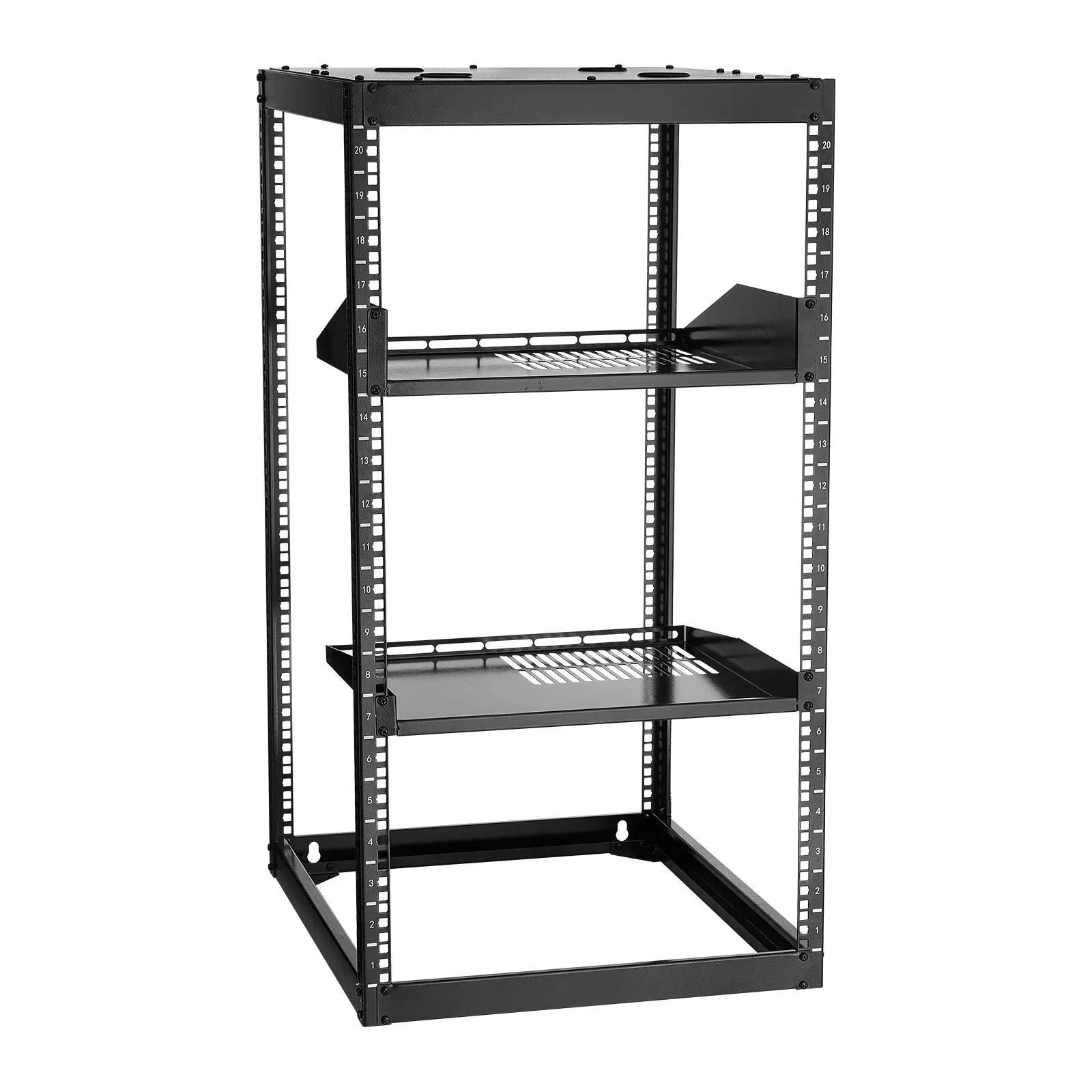 

20U Open Frame Network Rack, 23 In Depth, Wall Mounted Or Floor Standing Server Rack, Heavy Duty 4 Post, With Vented Shelves &