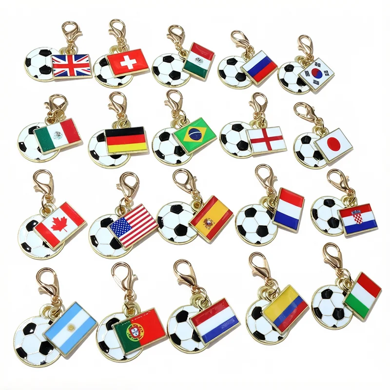 10pcs Enamel National Flags of Countries Football Charms Pendant with Lobster Clasp DIY Keychain Jewelry Making Accessories