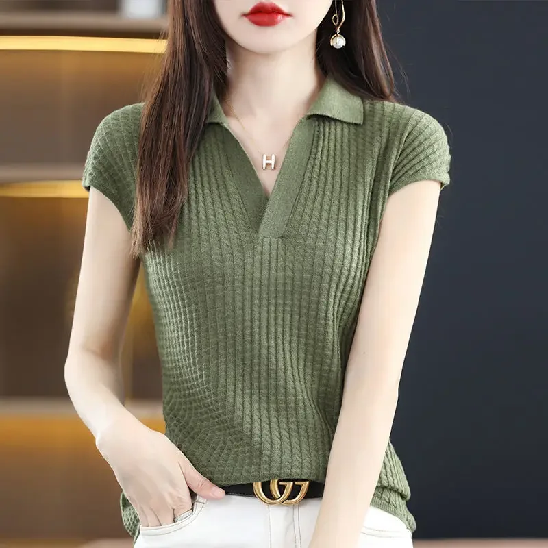 Plain T-shirt Woman Clothing Tops Short Sleeve Tee Knit Polo Neck Shirts For Women New Offer Comfortable Summer 2024 V Luxury