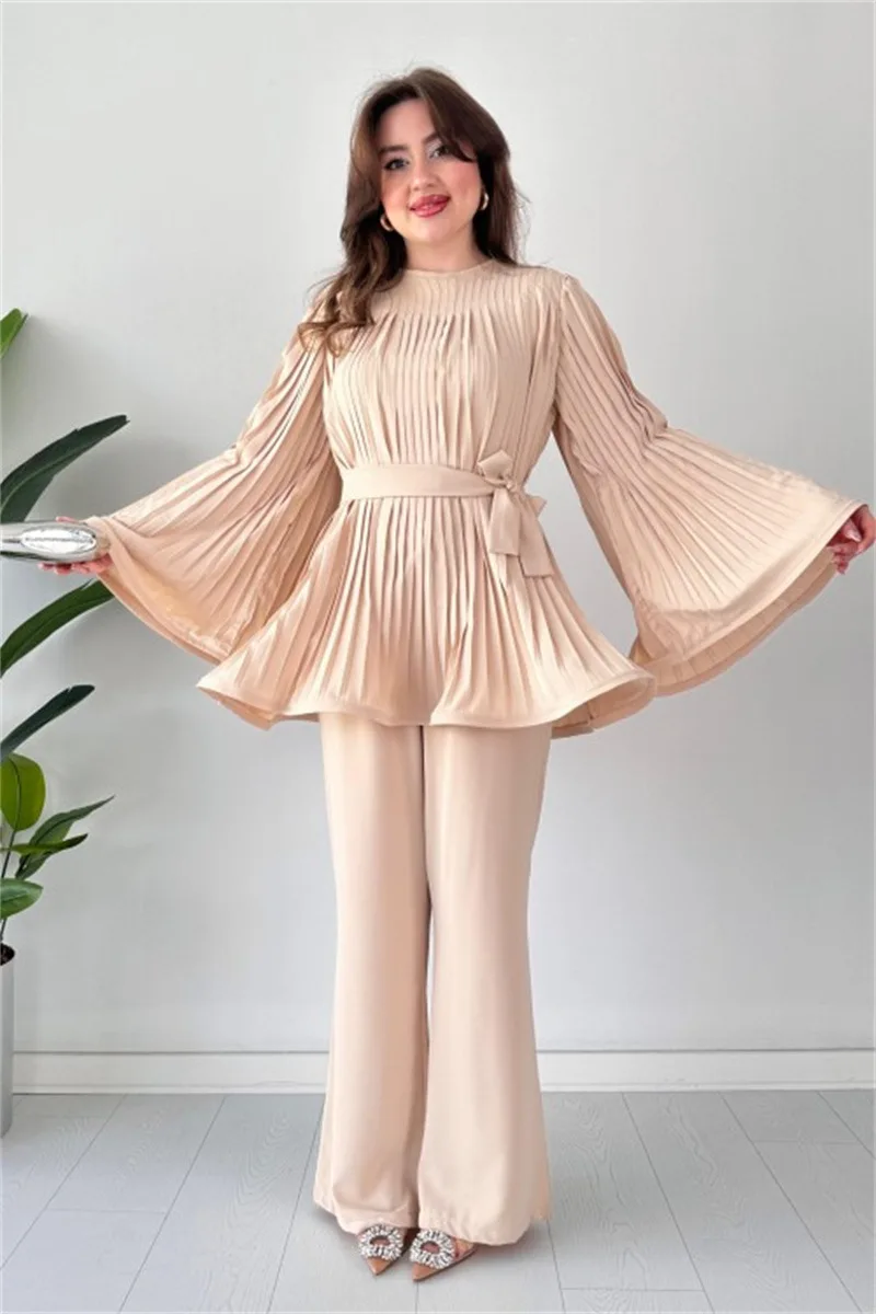 

Spring Legant Pleated Two-piece Set Women Casual Loose Pleated Lace Up Top Wide Leg Pants Two Piece Set Women