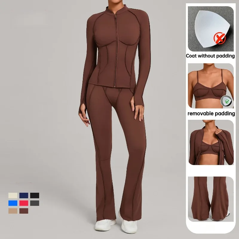 

3 Piece Women's Yoga Set Thin Strap Beauty Back Bra Zipper Brushed Coat High Waist Flared Pants Running Fitness Tight Sports Set