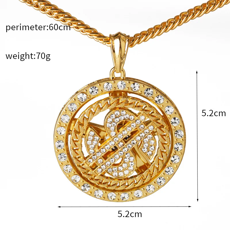 Mode cristal grand Raotatable Dollar américain collier signe d'argent pendentif collier hommes Hip Hop bijoux
