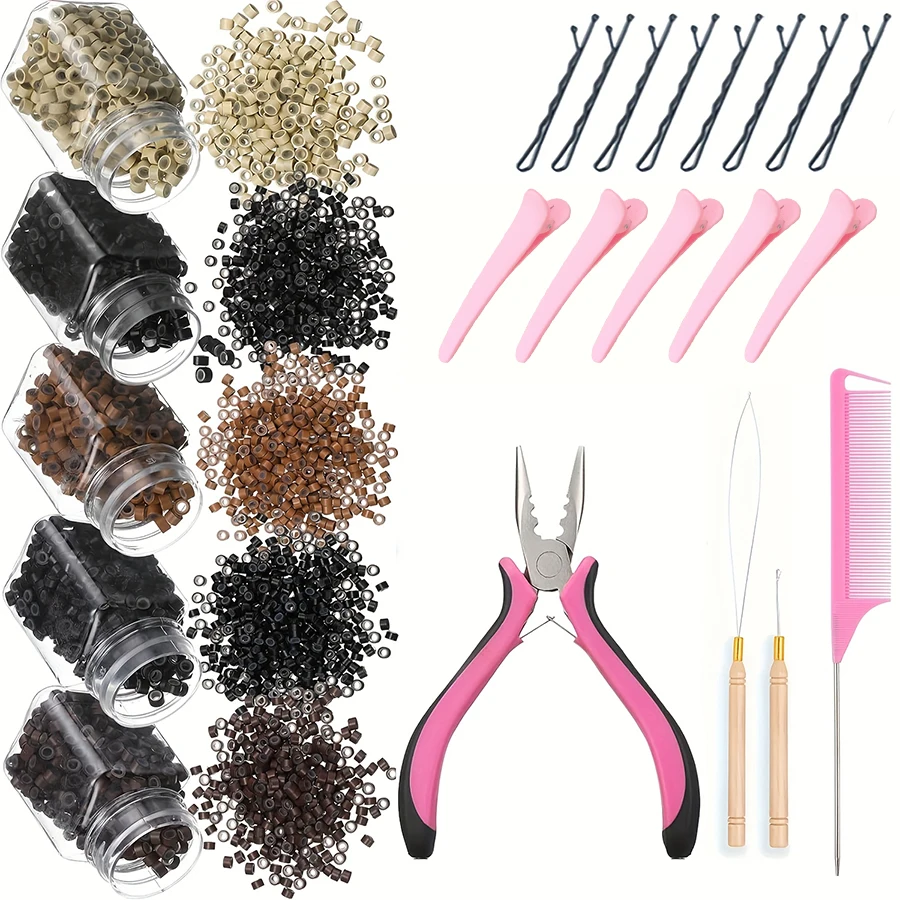 Micro Ring Hair Extensions Kit 500 Pcs with Beads Plier Hook Needle Pulling Loop Alligator Clips Comb for Hairdressing