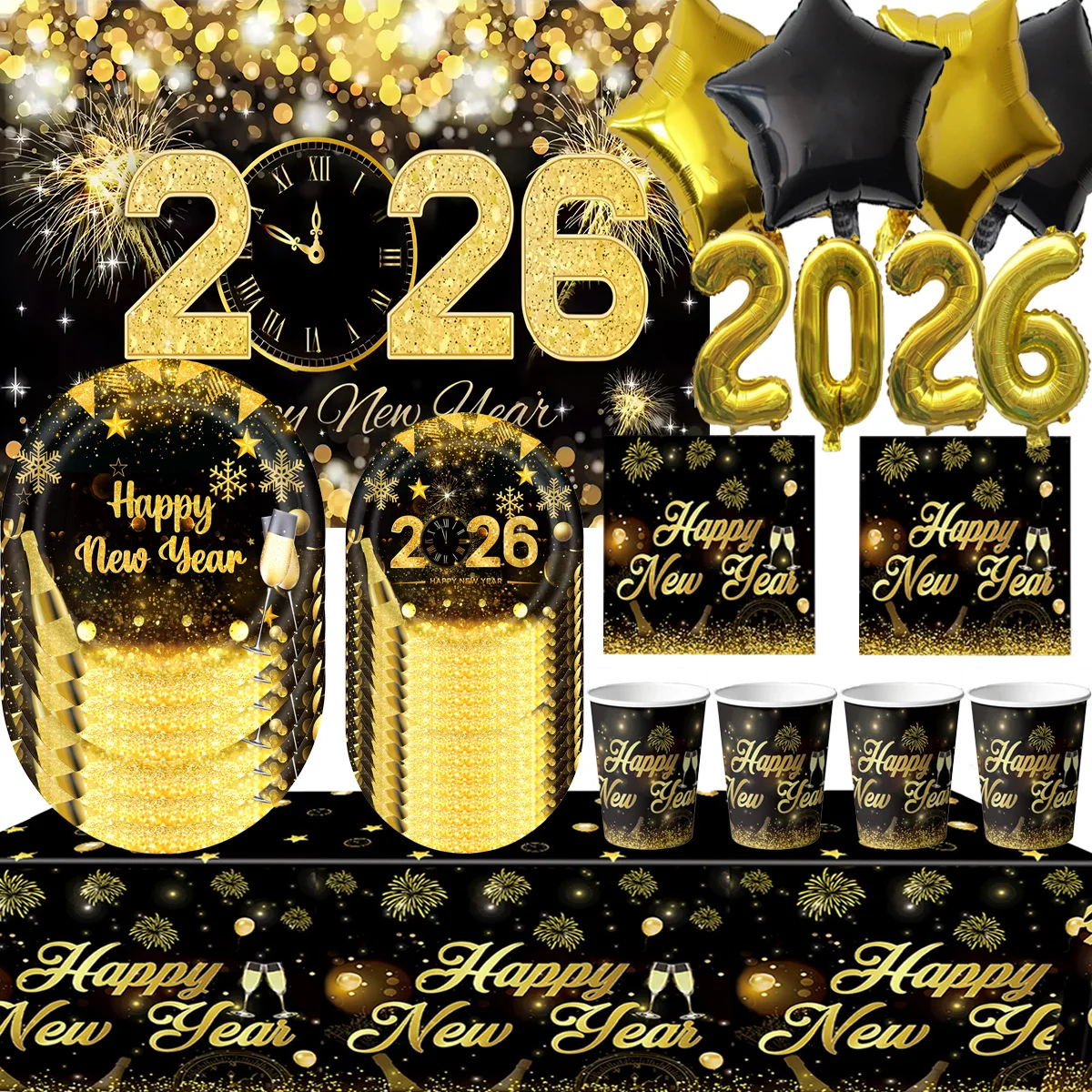 

2026 Happy New Year Theme Party Disposable Tableware Decor Gold Number Balloon Plate Cup Tablecloth New Year Backdrop Gift Props