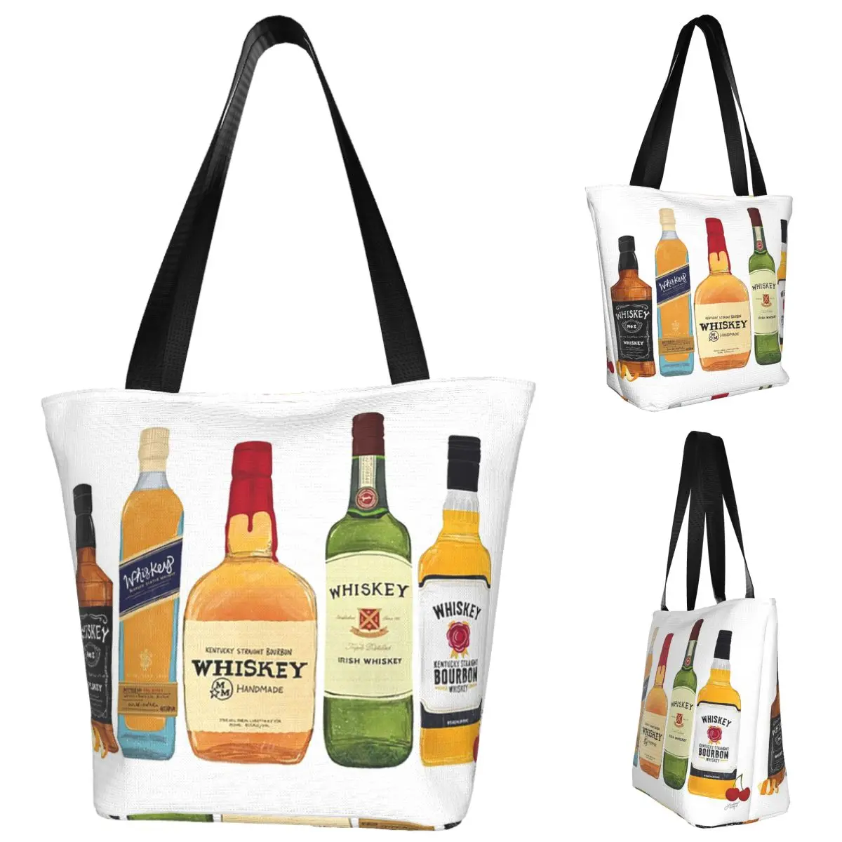 

Whiskey Bottles Illustration Shopping Tote Bag Canvas Large Capacity Shoulder Bags Shopper Grocery Handbag for Women