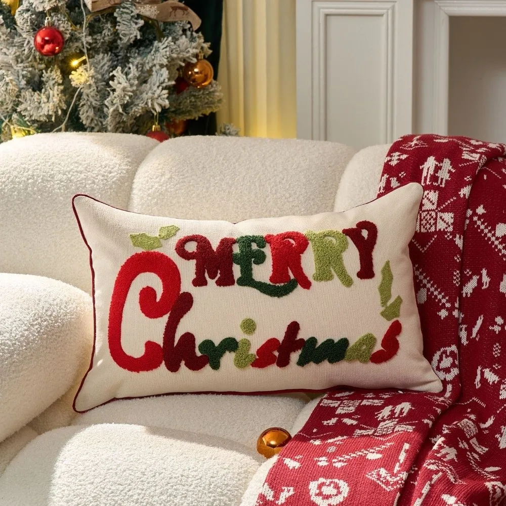 

Merry Christmas Throw Pillow Case Soft 30x50 45x45 Sofa Cushion Covers Colorful Embroidered Design Party Pillowcase