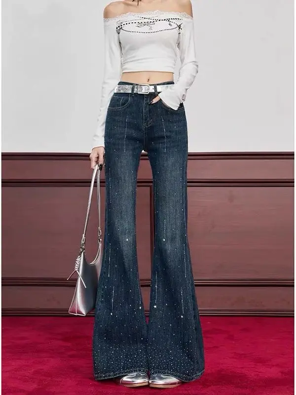 Retro American Design Spicy Girl Micro Flared Denim Jeans Women's Spring New Drill Slimming  Hoof Pants High Waist