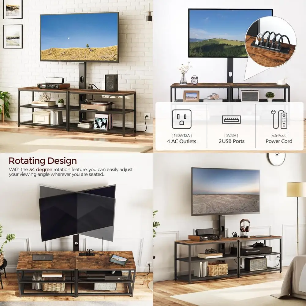 Swivel TV Stand for 75-Inch TVs: Entertainment Center with 4 Power Outlets and Mount