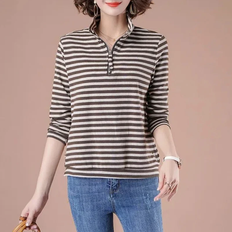 Spring Autumn Zipper Pullover Turtleneck Striped Contrast Color Women's Long Sleeve T-shirt Casual Elegant Comfortable Tops