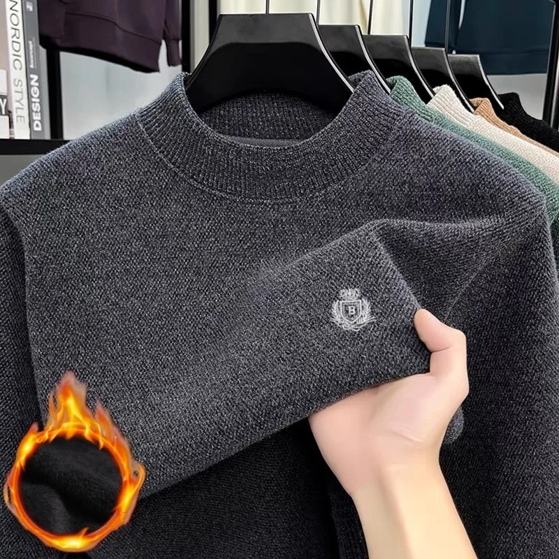 

High quality brand hot selling men new velvet warm knitted sweater autumn and winter fashion crown exquisite embroidery pullover
