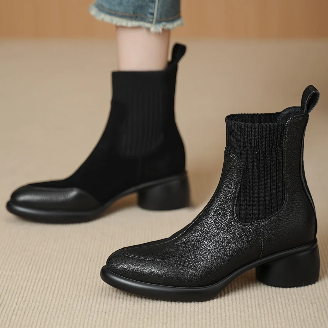 

Women's genuine leather stretch knit patchwork slip-on autumn ankle boots 5cm thick med heel platform casual female short boots