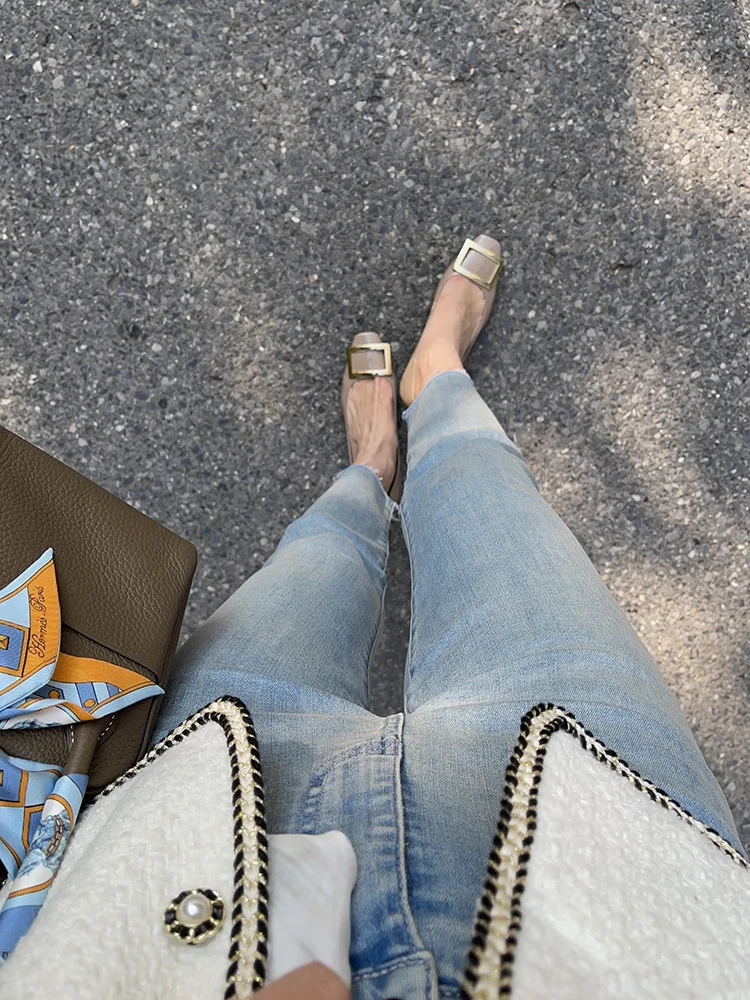 

Облегающие синие эластичные джинсы с высокой талией Salt Sea, женские зимние прямые джинсы 2025 года, повседневные хлопковые эластичные джинсы из девяти предметов