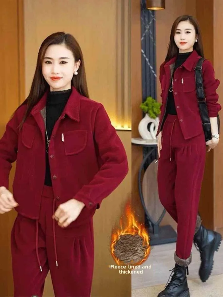 

Модный утепленный флисовый вельветовый женский комплект в стиле Mom, высококачественный костюм-двойка, зимний теплый, на молнии, с длинными рукавами