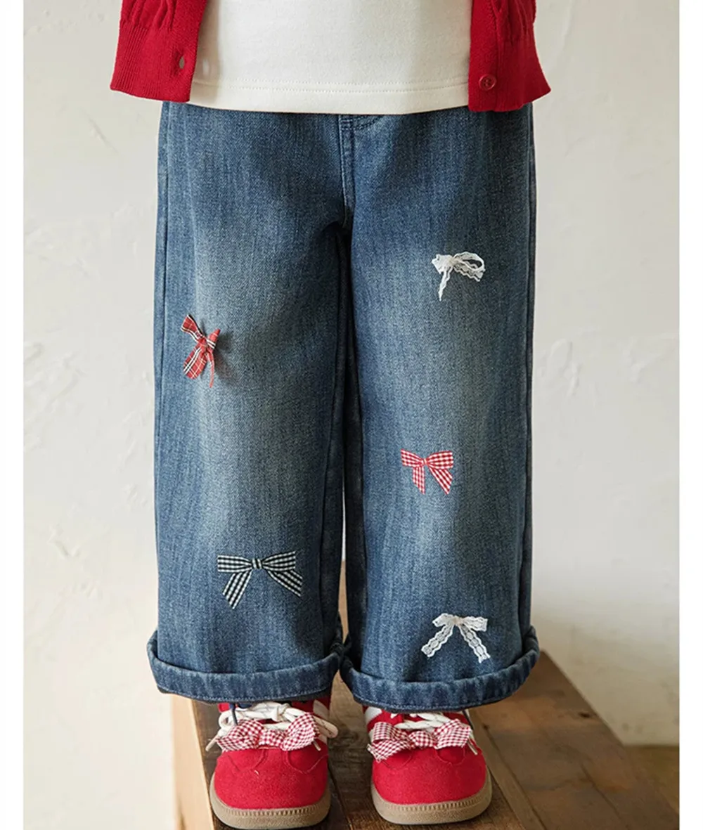 baby girl clothes kids pants Three dimensional bow decoration girls' straight leg jeans Autumn loose girls' jeans