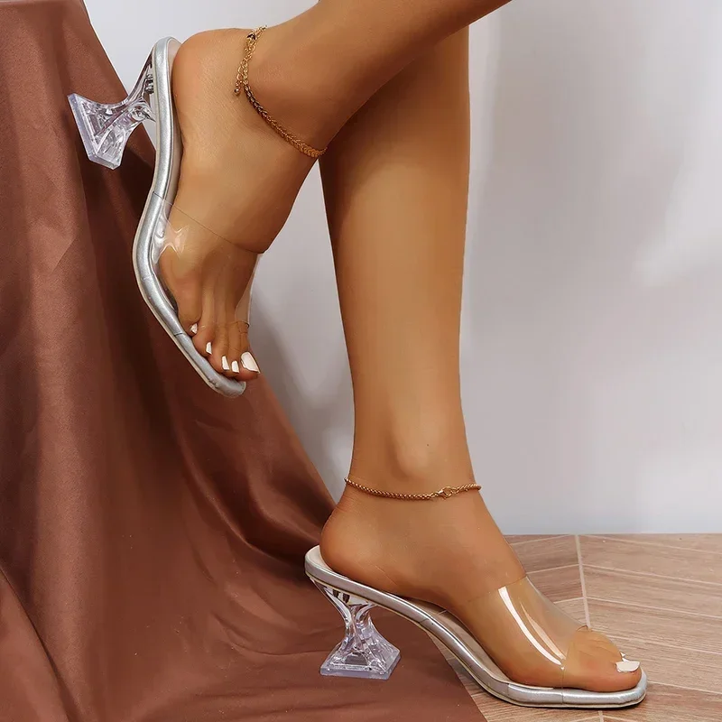 Transparent Heels Slippers Women Summer Slip on High Heeled Party Shoes Female Sexy Open Toe Square Toe Shaped Heel High Sandals