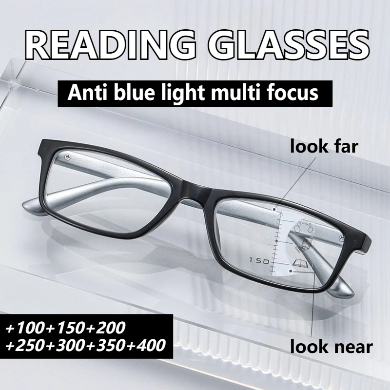 Modische progressive multifokale Lesebrille für Männer und Frauen, ultraleichte Anti-Blaulicht-Presbyopie-Brille + 100 bis + 400