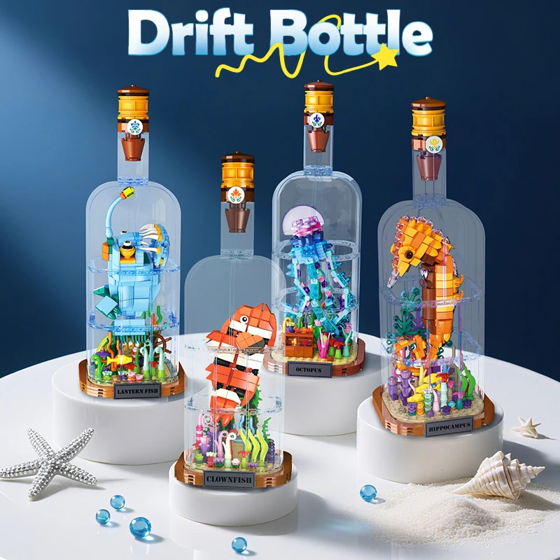 

4 Types Clown Fish Hippocampus Octopus Lantern Fish Drift Bottle Building Blocks With LED Light Construction Bricks Toy Gift